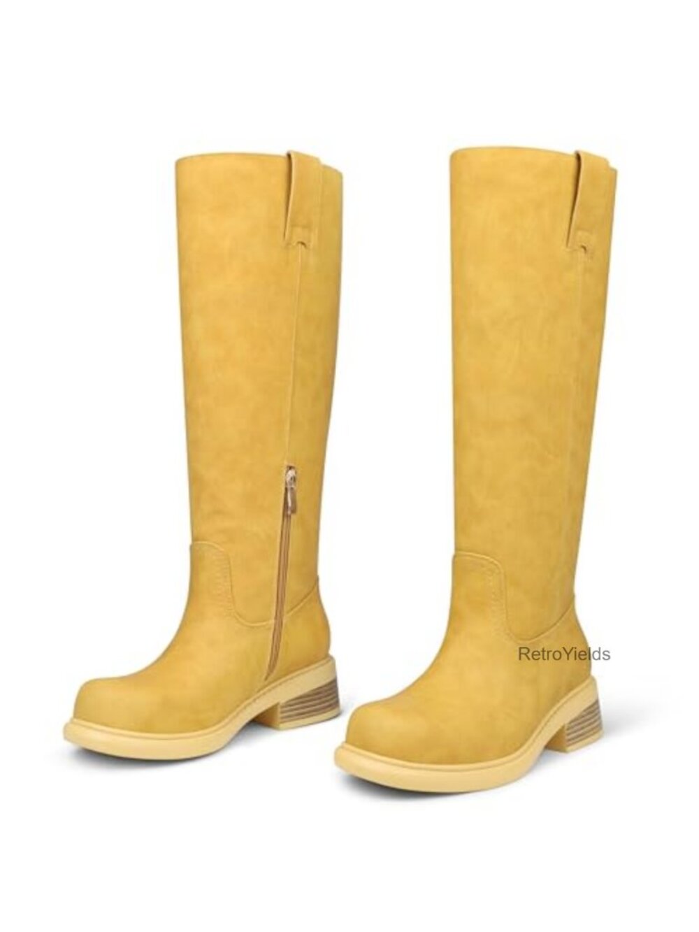 Faux Leather Knee High Boots Pointed Toe Chunky Block Heel Gogo Boots
